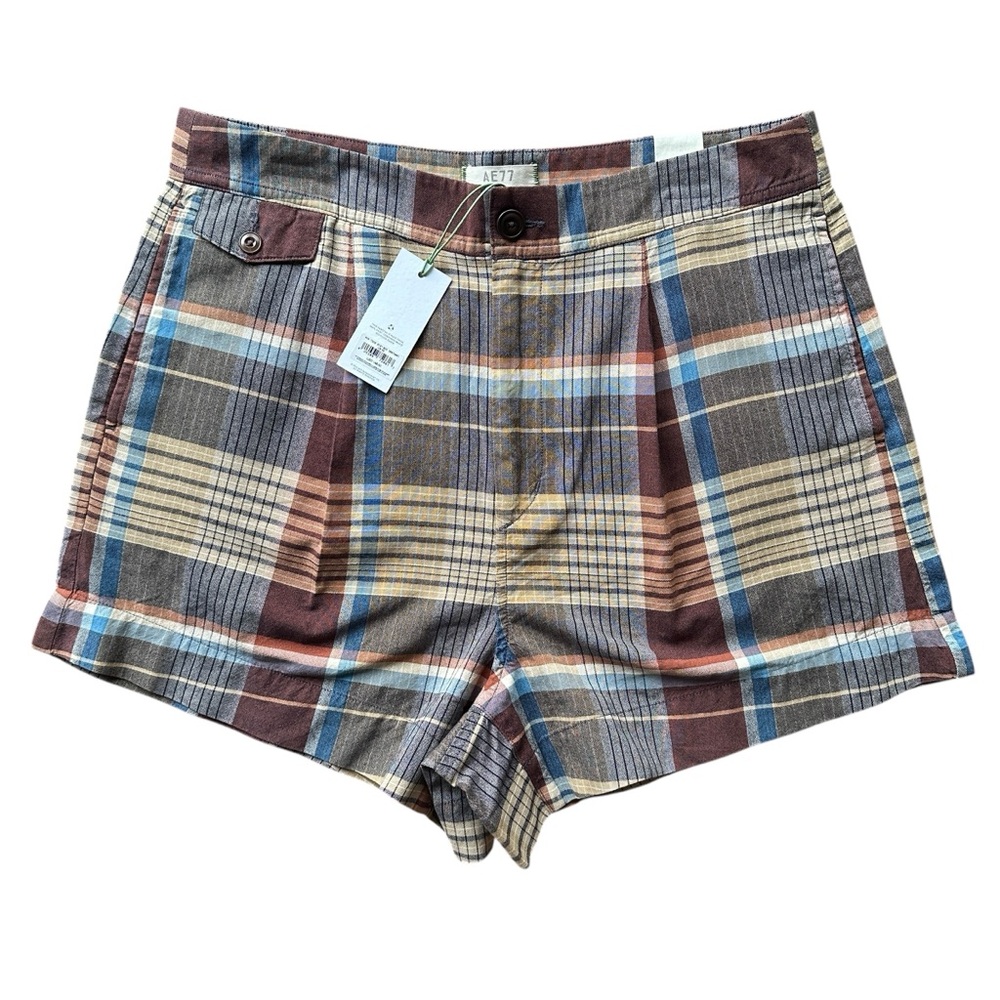 AE77 Women’s Premium Plaid Shorts Sz 32 NWT High Rise Earth Tone AEO